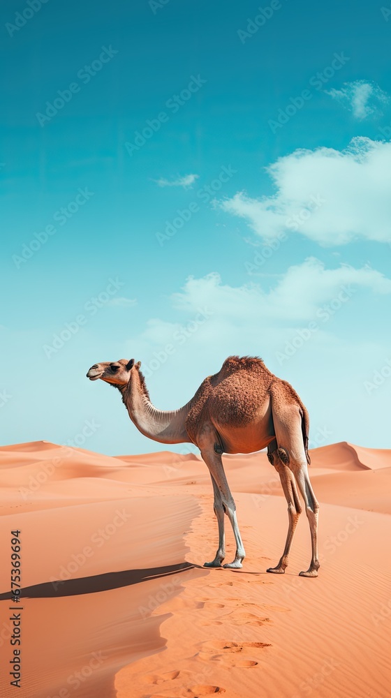 Poster a camel standing in the middle of a desert with a blue sky in the background and a few clouds in the