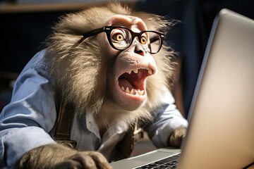 A surprised, hairy monkey with glasses looks at the laptop screen with his mouth open. Portrait. The macaque is working at the computer. Humor, a joke.