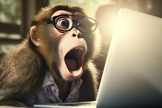 The monkey 's muzzle with big eyes and open mouth looks at the notebook . Surprised macaque online chat. Portrait. Humor, a joke.