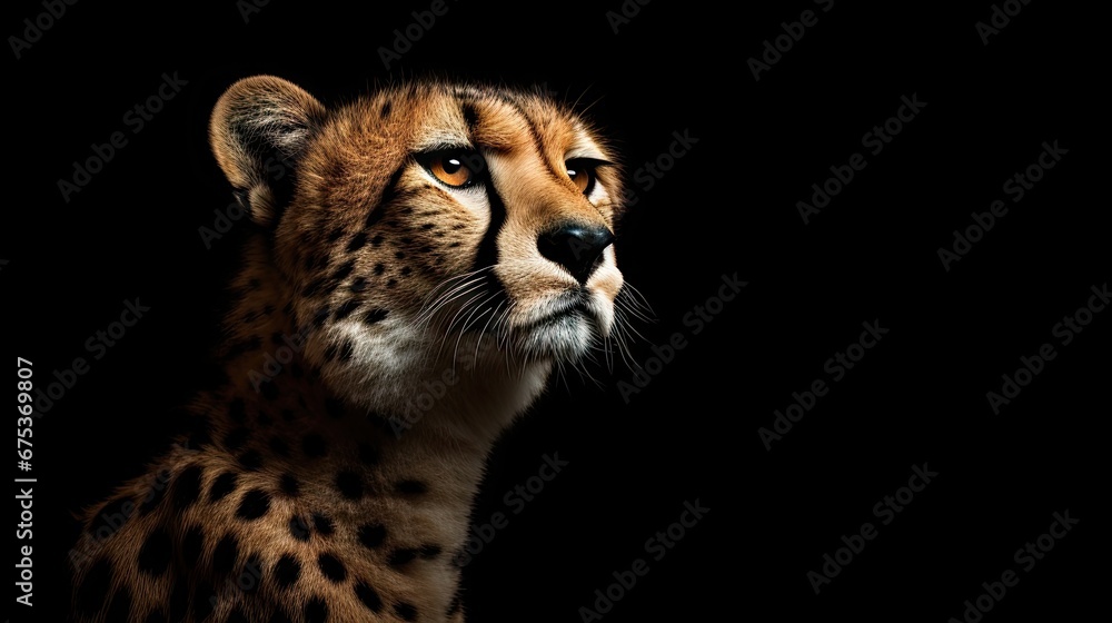 Poster a close up of a cheetah's face in the dark with its head turned to the side. generative ai