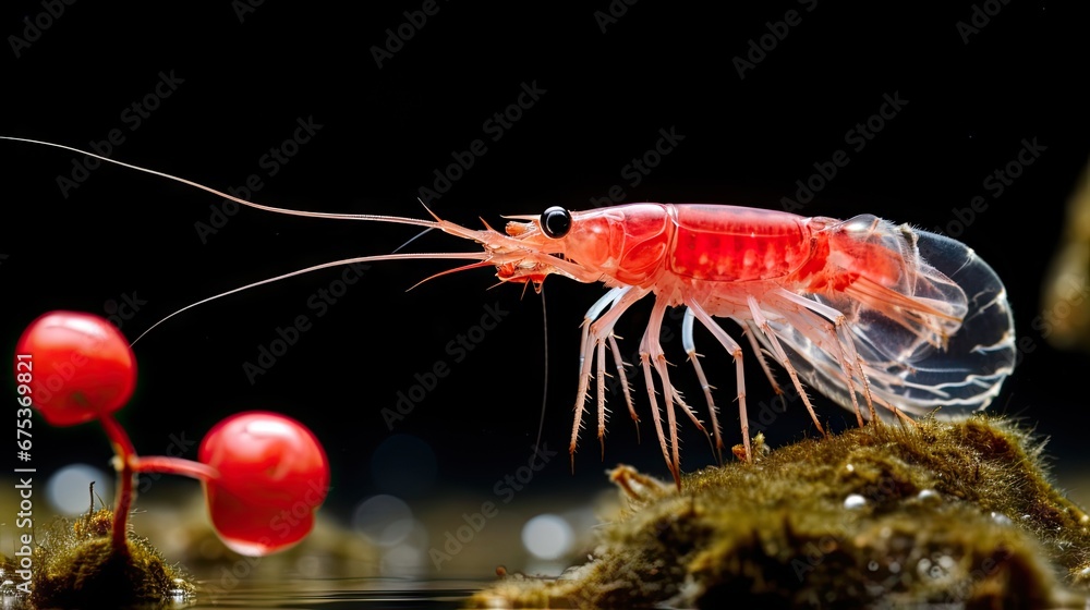 Poster a close up of a red and white shrimp on a black background with small red balls in the foreground. g