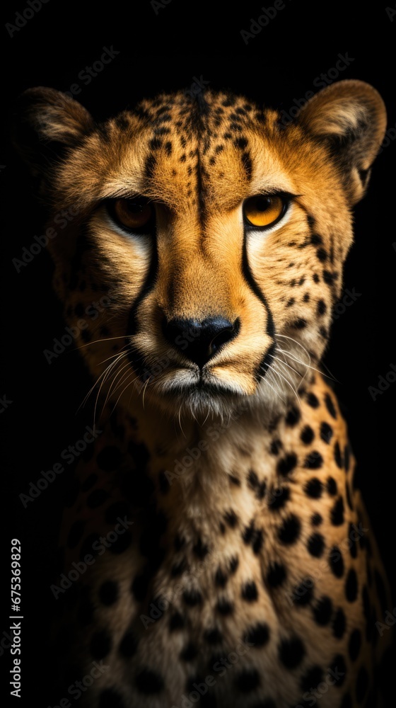 Poster a close up of a cheetah's face on a black background with only one eye visible for the camera. gener