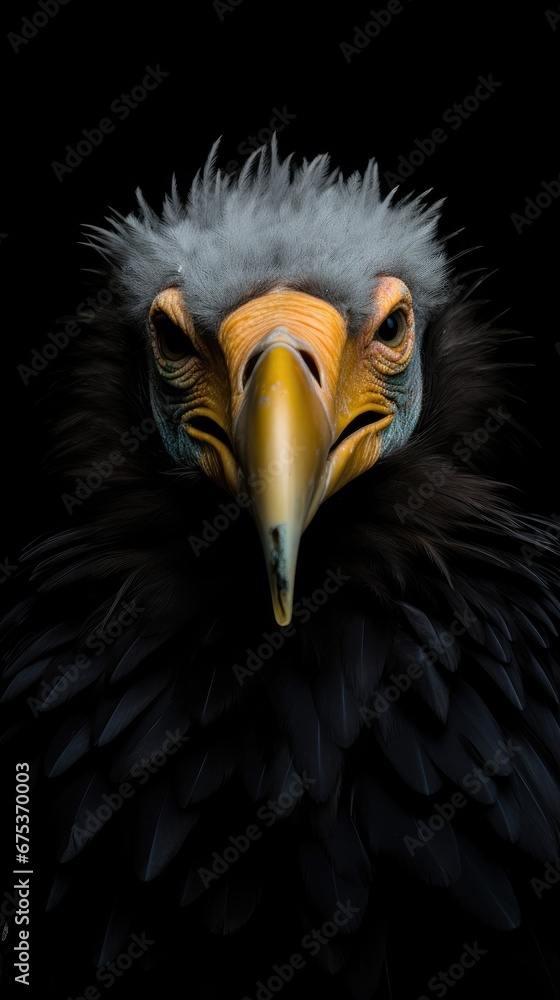 Poster a close up of a bird of prey with feathers on it's head and a yellow beak on it's head. generative a