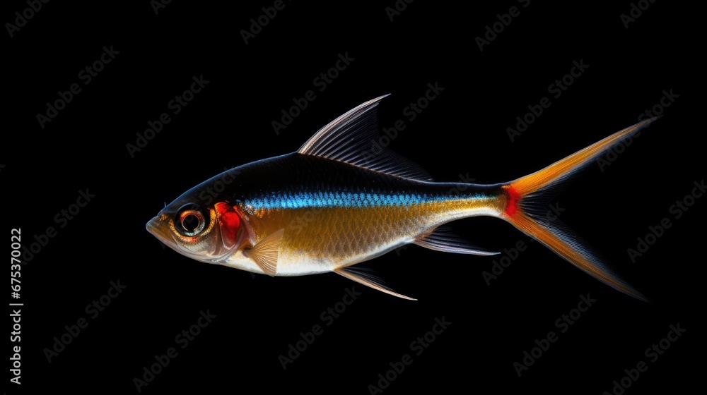Poster a close up of a fish on a black background with a red spot on the side of the fish's head. generativ