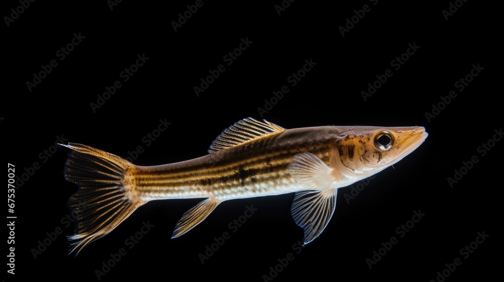 Poster a close up of a fish on a black background with a reflection of it's head in the water. generative a