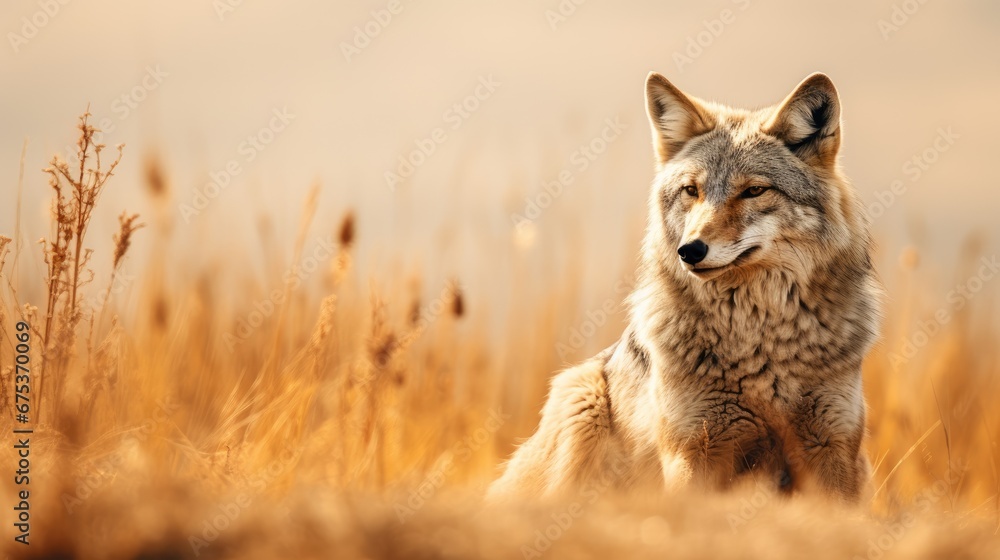 Poster a close up of a fox in a field of tall grass with it's head turned to the side. generative ai
