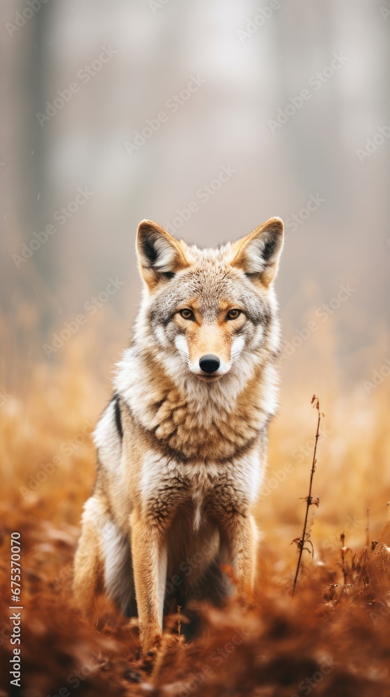 Poster a wolf standing in the middle of a field with brown grass and tall grass in the foreground and a fog