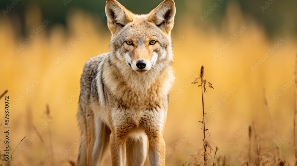 Poster a close up of a wolf standing in a field of tall grass with tall grass in the foreground and a blurr