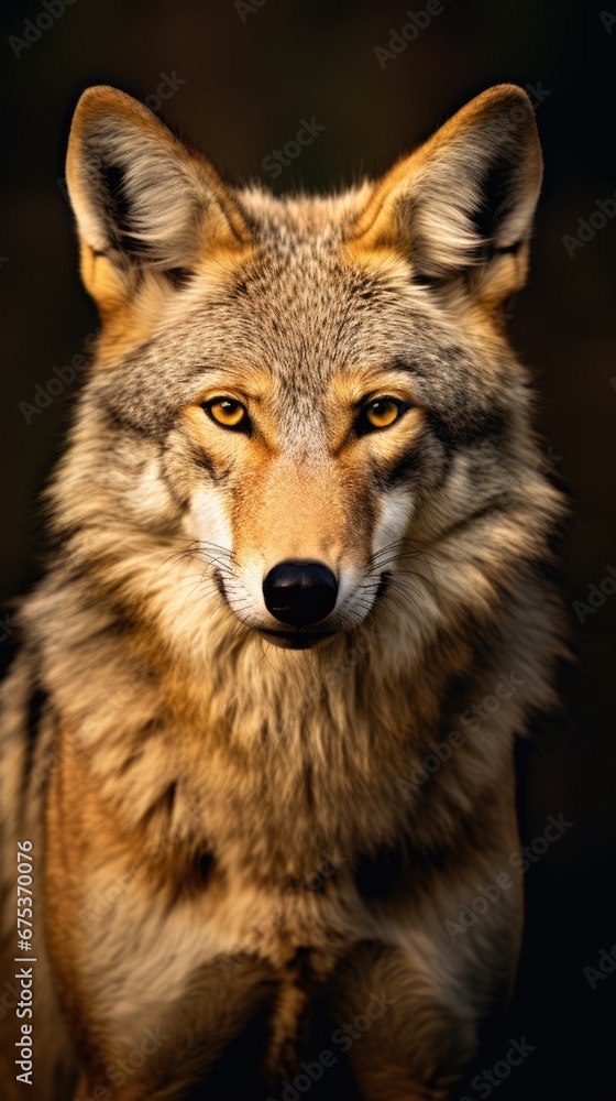 Poster a close up of a wolf's face with an intense look on it's face and a black background. generative ai