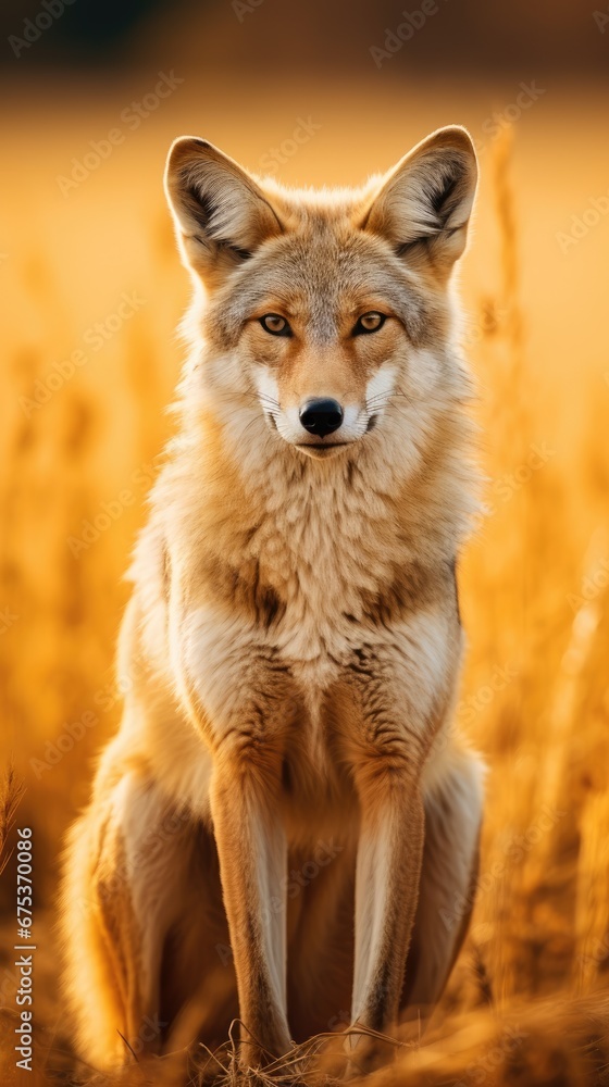Poster a close up of a fox sitting in a field of tall grass and looking at the camera with a serious look o