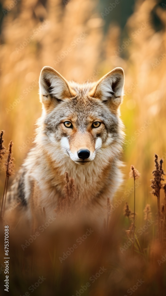 Poster  a close up of a fox in a field of tall grass with grass in the foreground and a blurry background.  generative ai