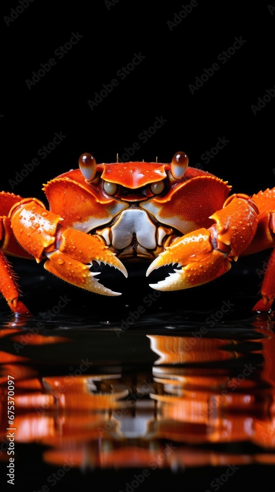 Poster a close up of a crab on a black surface with a reflection of it's body in the water. generative ai