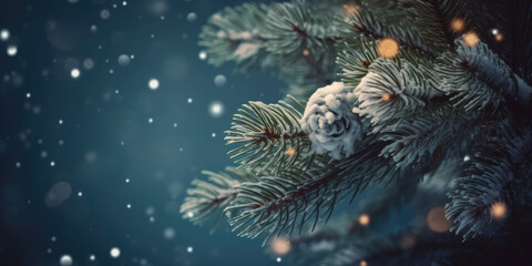 Fototapeta na wymiar Christmas tree in snow at night. Snowy Pine or Fir Tree Branches. Beautiful Background for Christmas, Winter, XMas or New Year Greeting card, banner, invitation design, copy space