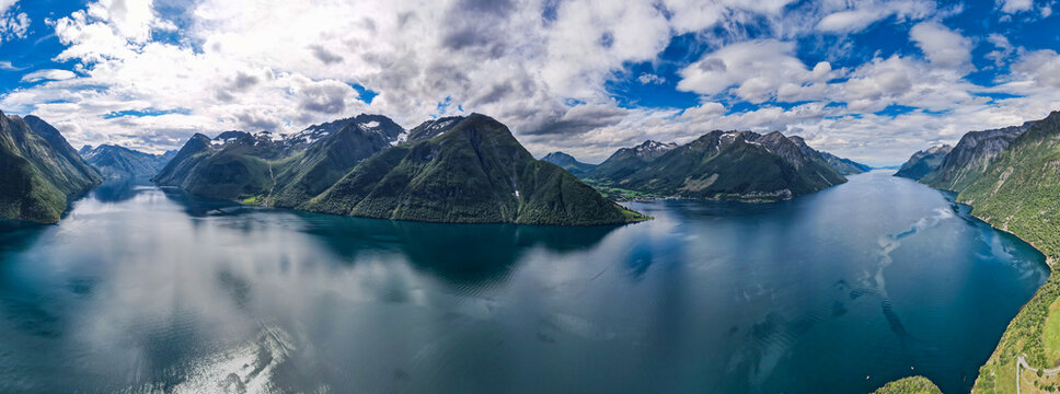 Aerial view of the Fjords and mountains in Norway lake during summertime 