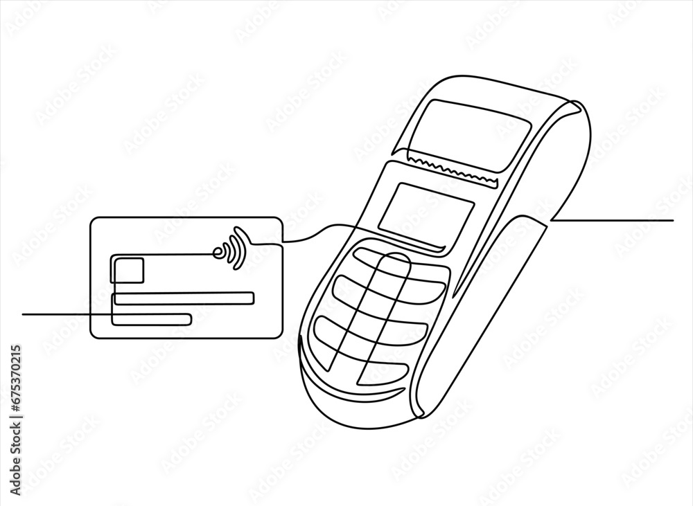 Poster continuous one line drawing of pos payment terminal with gprs and credit card on a white background.