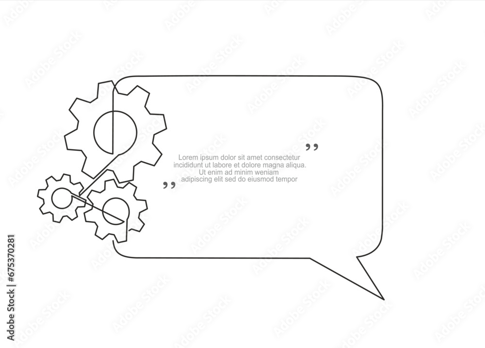 Poster continuous one line drawing of gears and speech bubble. trendy line art vector on a white background
