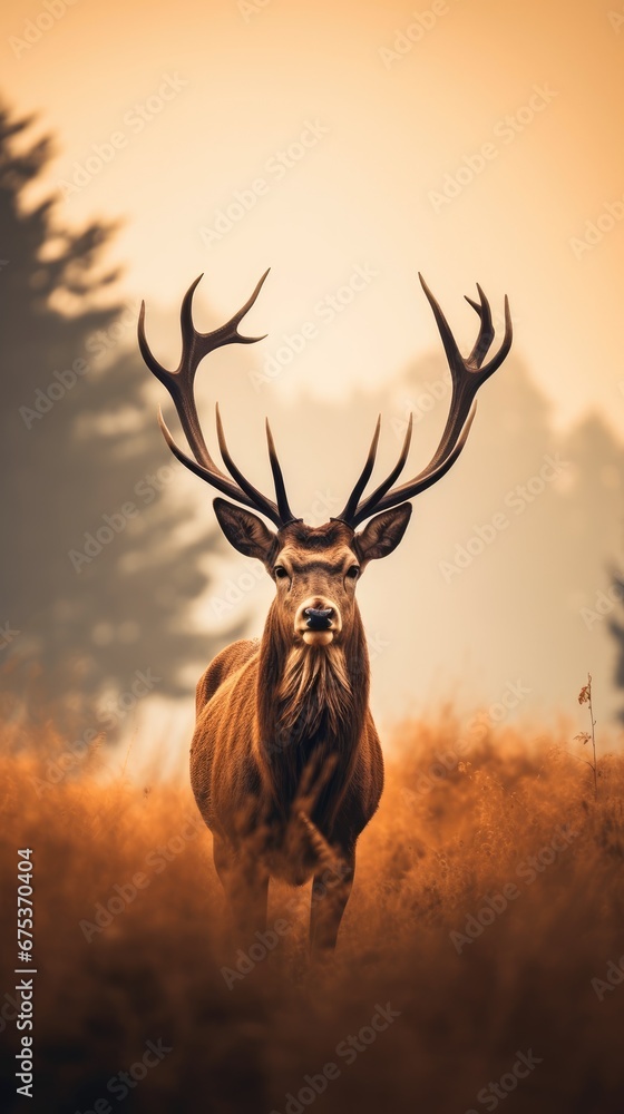 Poster a close up of a deer in a field of tall grass with trees in the background and a hazy sky in the bac