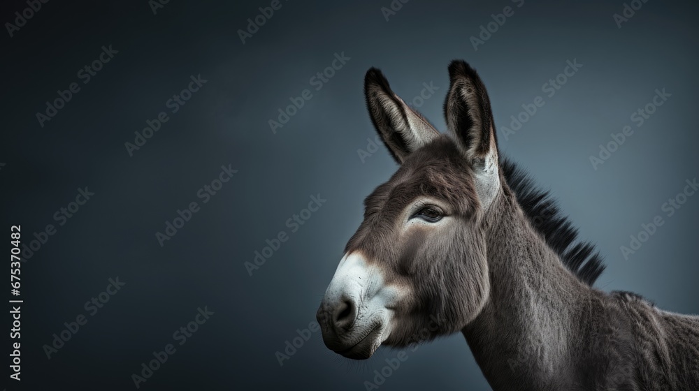 Poster a close up of a donkey's face with a black background and a white stripe on the side of the donkey's