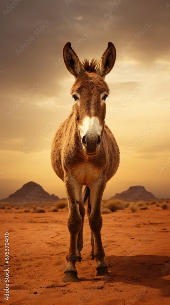 Poster a donkey standing in the middle of a desert with a sunset in the background and a mountain range in 