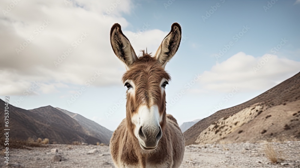 Poster a brown and white donkey standing on top of a dirt field next to a mountain range with clouds in the