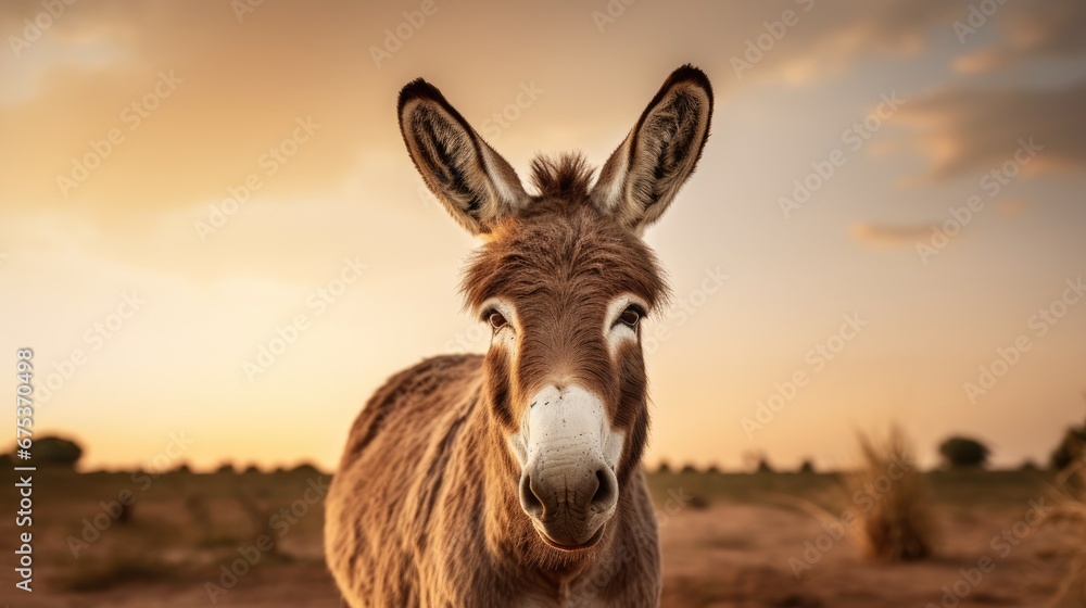 Aufkleber a close up of a donkey in a field with a sunset in the back ground and clouds in the sky. generative
