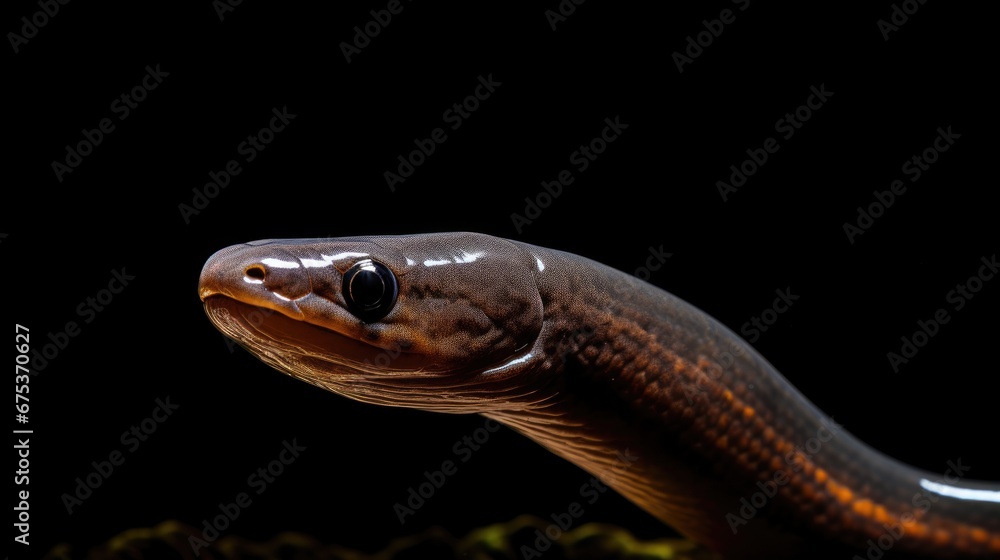 Poster a close up of a snake on a black background with a blurry image of the snake's head. generative ai