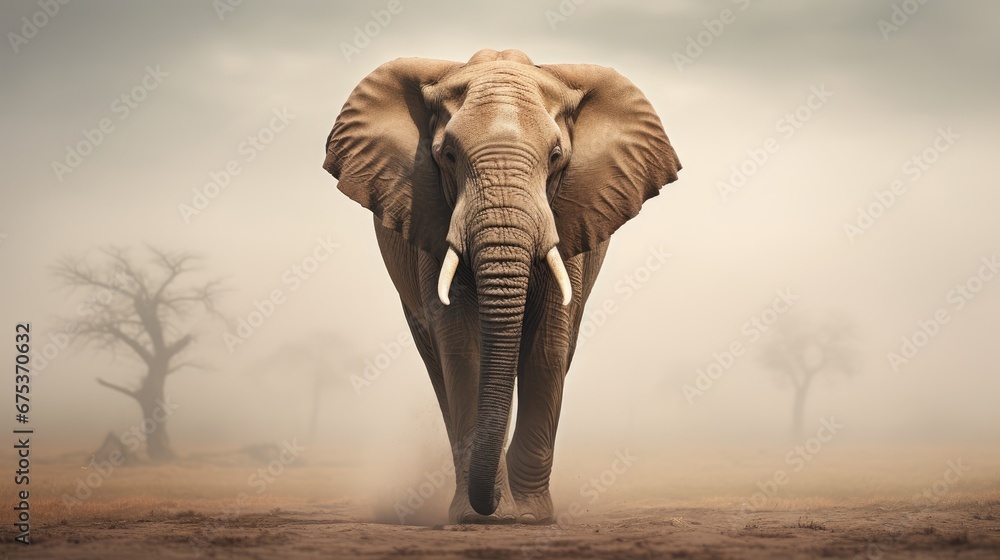 Poster an elephant with tusks walking on a dirt road in front of a tree in a foggy area. generative ai