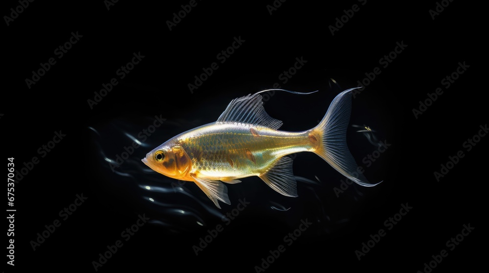 Poster a close up of a goldfish on a black background with a reflection of the light on the side of the fis