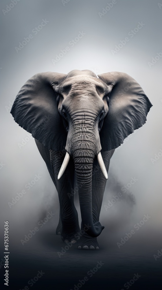 Poster an elephant with tusks standing in the middle of a foggy area with a dark sky in the background. gen
