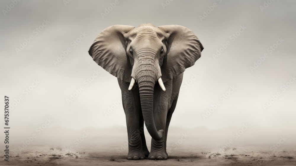Poster an elephant with tusks standing in the middle of a dirt field with a gray sky in the background. gen