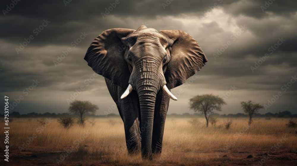 Poster an elephant walking across a dry grass covered field with trees in the background and a cloudy sky a