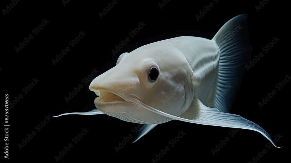 Poster a close up of a fish with its mouth open and it's eyes wide open on a black background. generative a