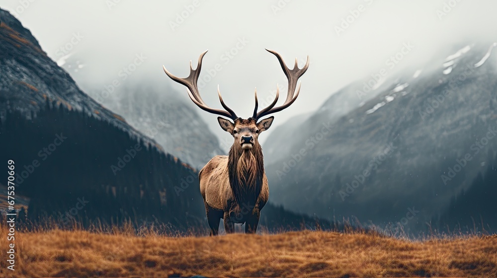 Poster a large elk standing on top of a grass covered field next to a mountain covered with snow covered mo
