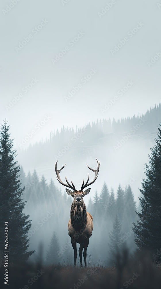 Poster  a large elk standing in the middle of a forest with tall trees in the background on a foggy day.  generative ai