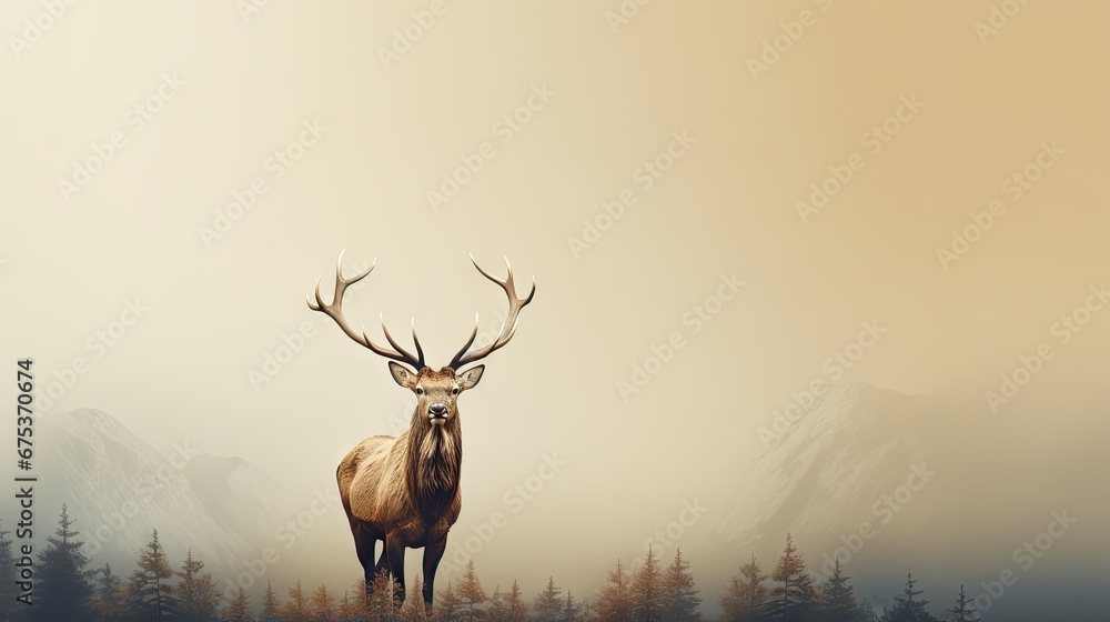 Poster a deer standing in the middle of a forest with a foggy sky in the background and trees in the foregr