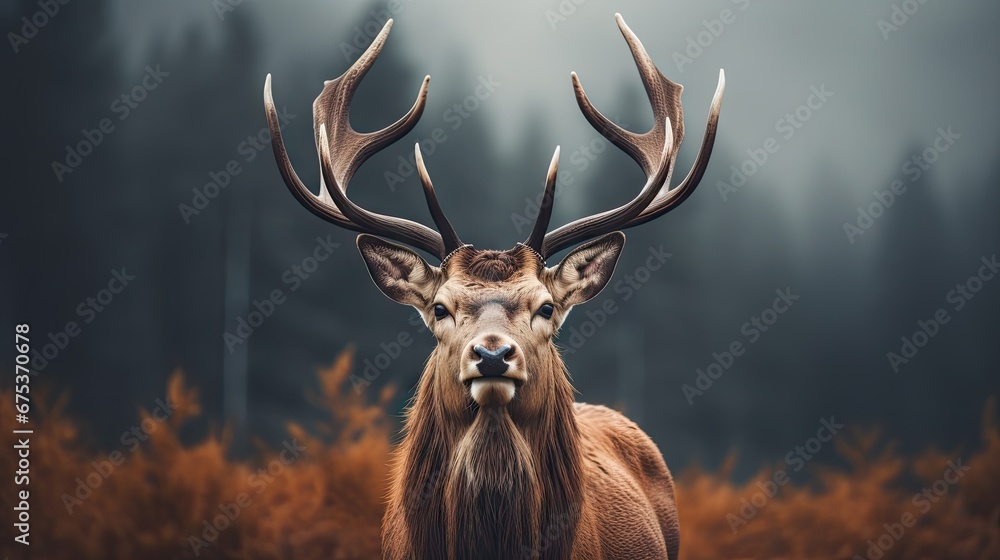 Poster a close up of a deer with antlers on it's head in a field with trees in the background. generative a