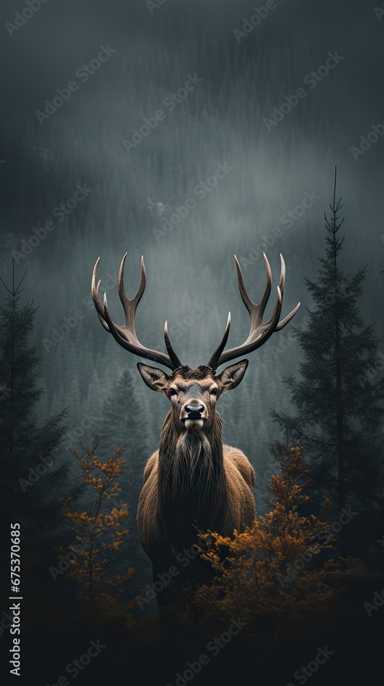 Poster a deer standing in the middle of a forest with antlers on it's head and trees in the background. gen