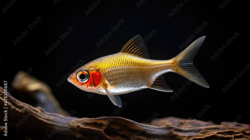Poster a close up of a goldfish on a black background with a tree branch in the foreground and a black back