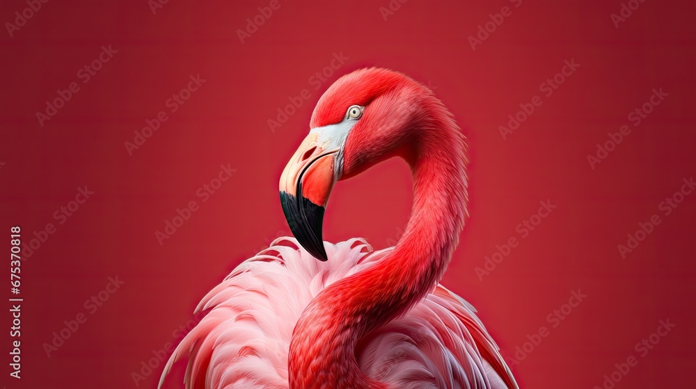 Poster a pink flamingo standing in front of a red background with its head turned to the side and it's head