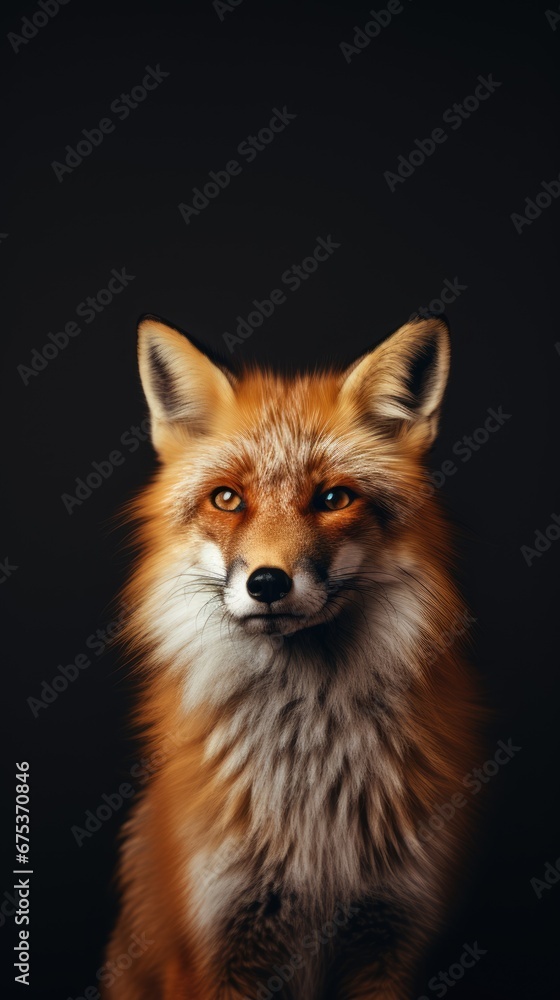 Poster  a close up of a fox's face on a black background with a red fox in the foreground.  generative ai