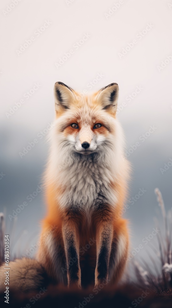 Poster a close up of a red fox sitting on top of a grass covered field with a gray sky in the background. g