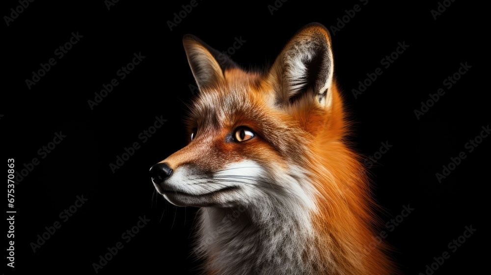 Poster a close up of a red fox's face on a black background with a black background and a red fox's head. g