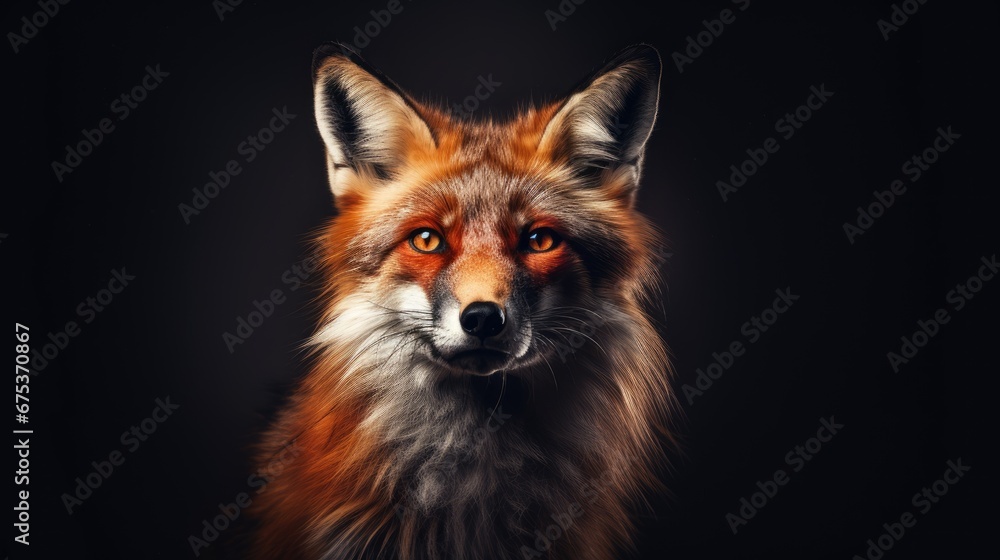 Poster a close up of a red fox's face on a black background with a red light coming from its eyes. generati