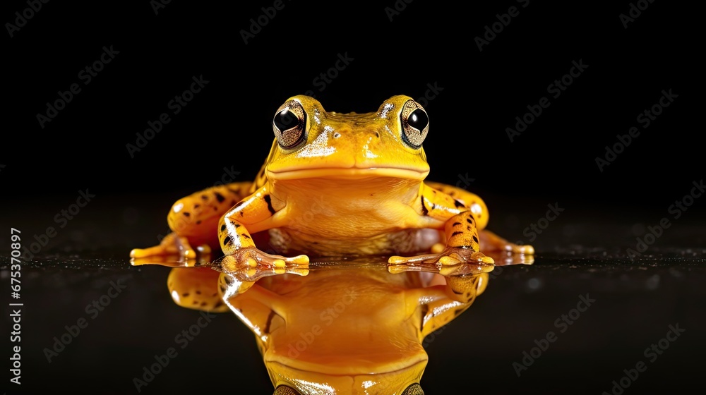Poster a yellow frog sitting on top of a table next to a black background with a reflection of it's face in
