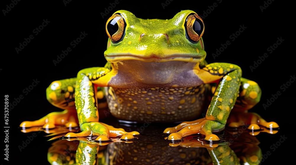 Poster a close up of a frog on a black background with a reflection of it's body and its reflection in the 