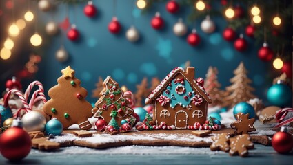 image that captures the essence of the Christmas season with a gingerbread house and beautifully decorated cookies. The gingerbread house, decorated with white icing and colorful candies against a bac - obrazy, fototapety, plakaty