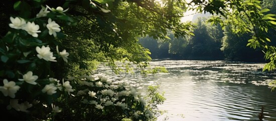 In the summer travelers seek the beauty of nature s landscape where the concept of a background with lush green leaves and white flowers creates a mesmerizing texture resembling a serene for