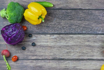 Healthy food background, healthy vegetarian food in paper bags, fruits and vegetables, banner copy...