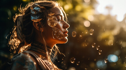 young woman in nature with soap bubbles around her photography - obrazy, fototapety, plakaty