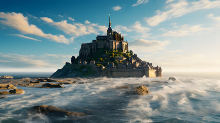 A photo of Mont Saint-Michel, with the picturesque Normandy coastline as the background, during high tide - obrazy, fototapety, plakaty